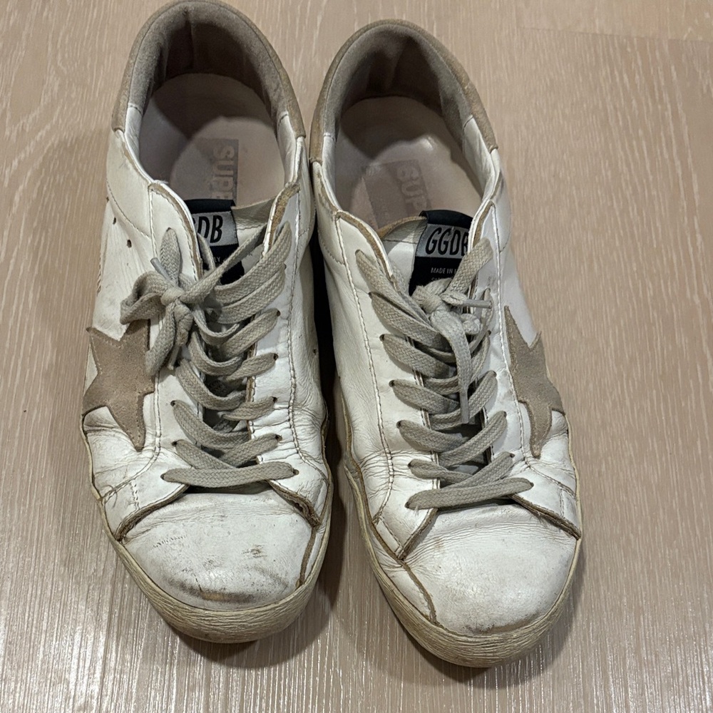 Golden Goose White and Tan Sneakers